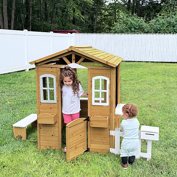 A-Frame Wooden Playhouse with Flower Boxes and White Accent Mailbox