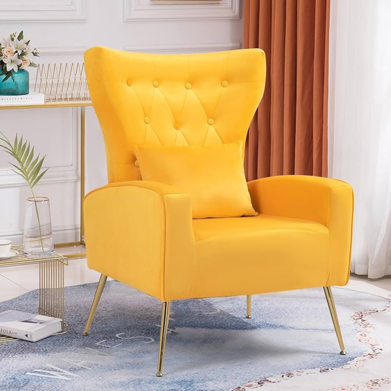 Accent Chair Glam Golden Yellow Velvet Wingback with Lumbar Pillow
