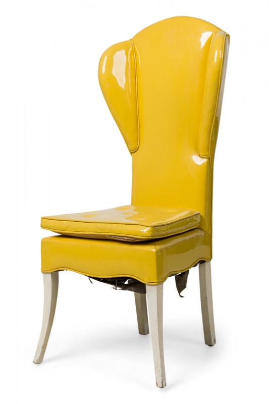 Accent Chair Lemon Yellow High Gloss Vinyl with Distressed White Legs