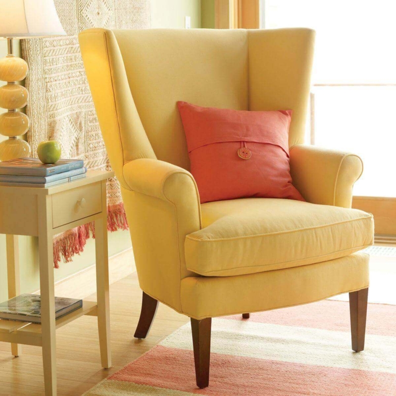 Accent Chair Pale Yellow Wingback with Rolled Arms and Dark Wood Legs