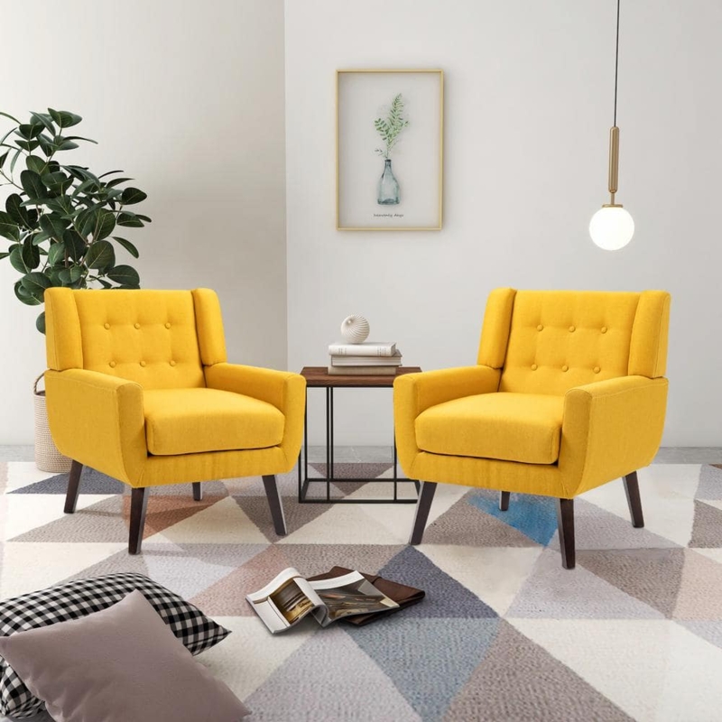 Accent Chair Set of 2 Canary Yellow Wingback Tufted with Tapered Legs