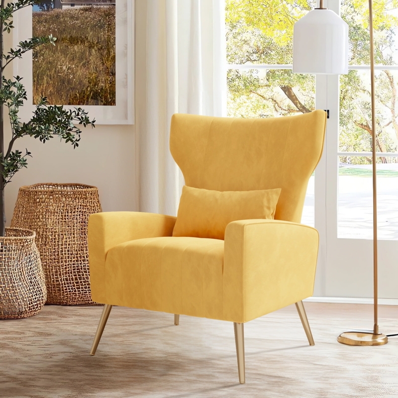 Accent Chair Sunflower Yellow Velvet High Wingback with Brushed Gold Legs