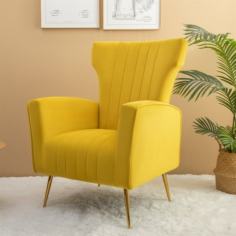 Accent Chair Velvet Wingback with Channel Tufting and Gold Legs