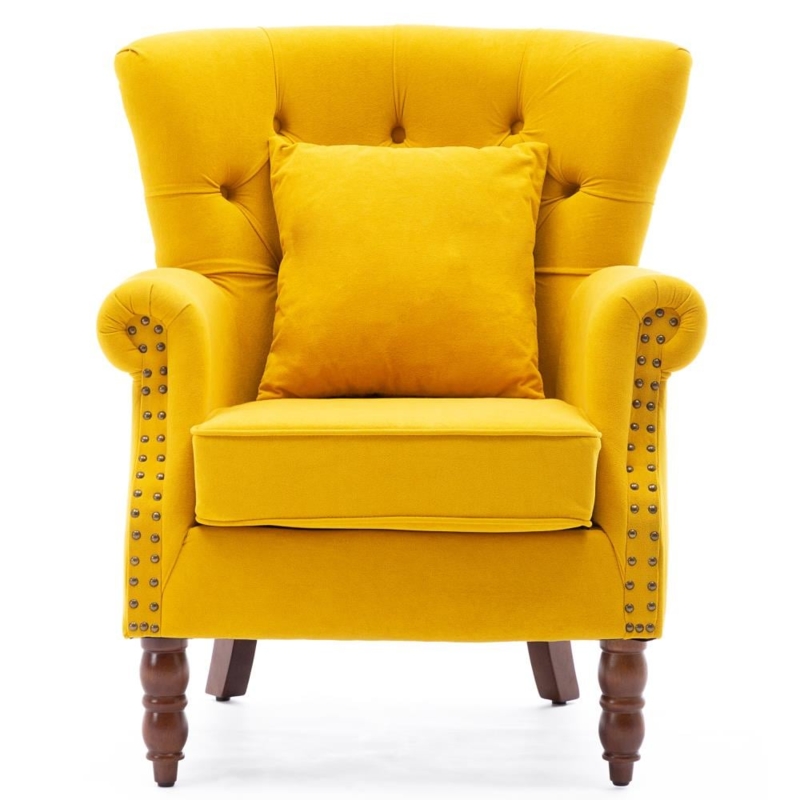 Accent Chair Vibrant Yellow Wingback with Bronze Nailheads and Turned Legs