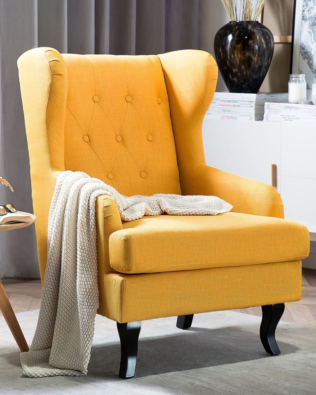 Accent Chair Woven Fabric Wingback with Matte Black Cabriole Legs