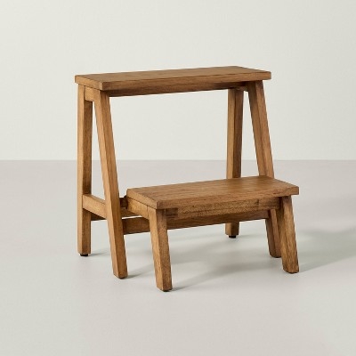 Aged Oak Step Stool with Two Tiers and Farmhouse A-Frame Legs