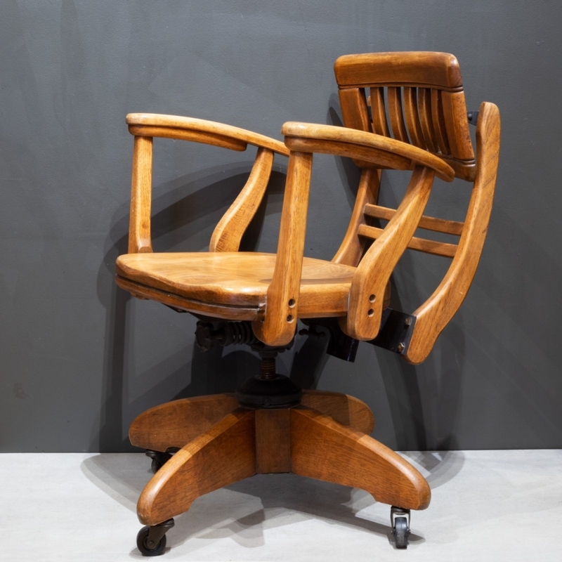 Antique Oak Swivel Desk Chair Floating Backrest Curved Arms
