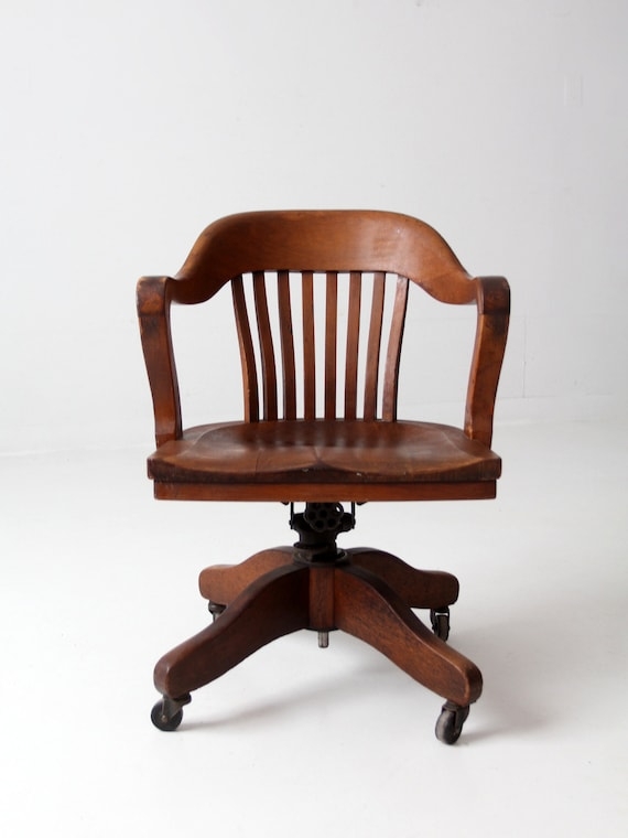 Antique Swivel Desk Chair Vertical Slats Contoured Seat Banker Style