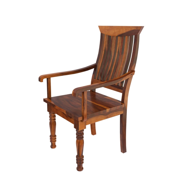 Arm Chair Mediterranean Rustic Solid Wood Turned Legs Slatted Back