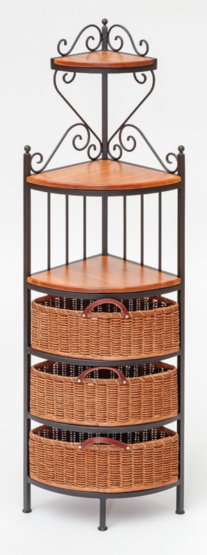 Baker Rack Corner Fit Woven Baskets Scrollwork Accents Matte Black