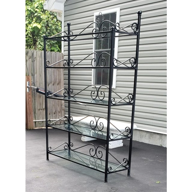 Bakers Rack 5-Tier Glass Shelves Spherical Finials Wrought Iron