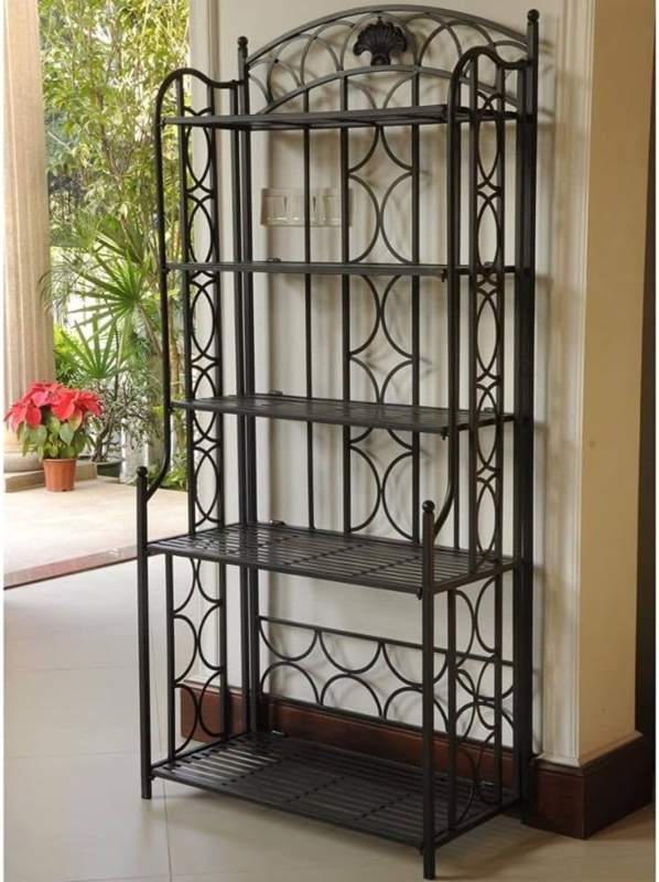 Bakers Rack 5-Tier Metal Shell Motif Circular Scrollwork Black