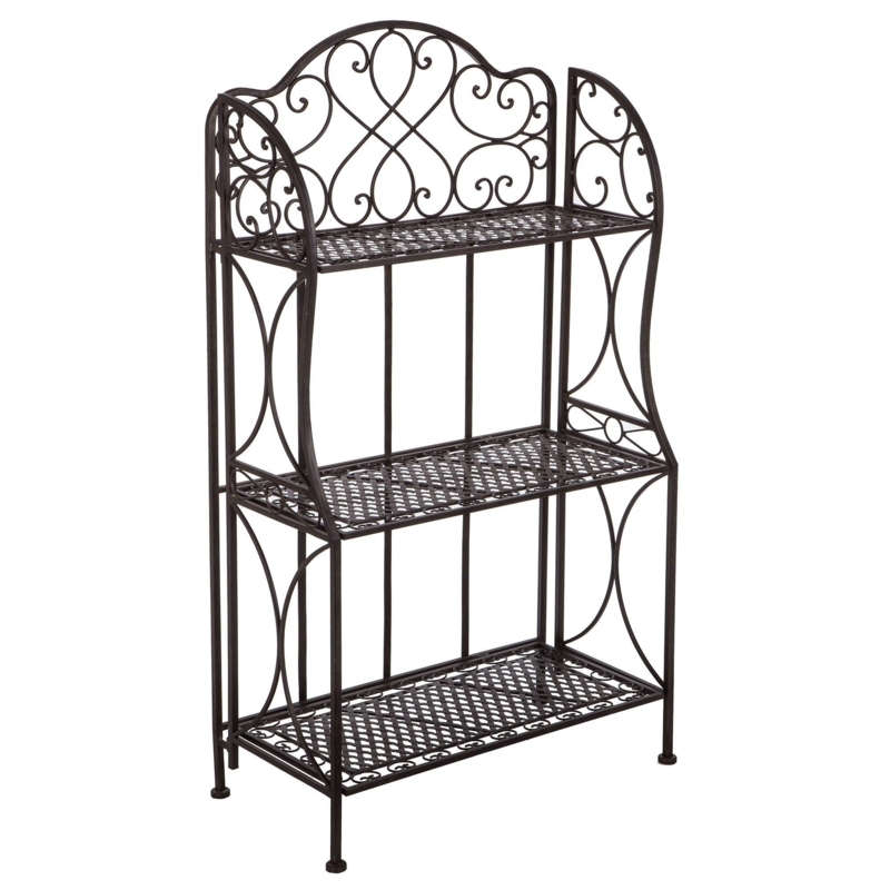 Bakers Rack Antique Bronze Scrolled Backboard Mesh Lattice Shelving