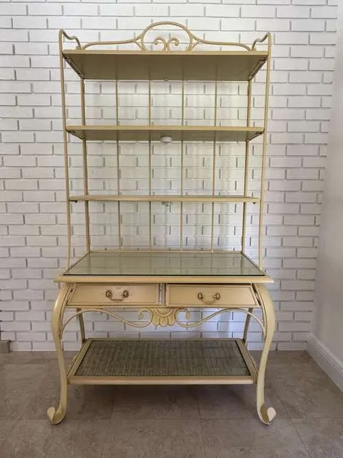 Bakers Rack Antique Cream Woven Rattan Shelf Glass Workspace