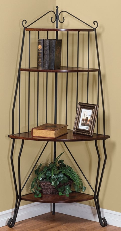 Bakers Rack Corner Design Scrollwork Top Walnut Brown Wood Shelves