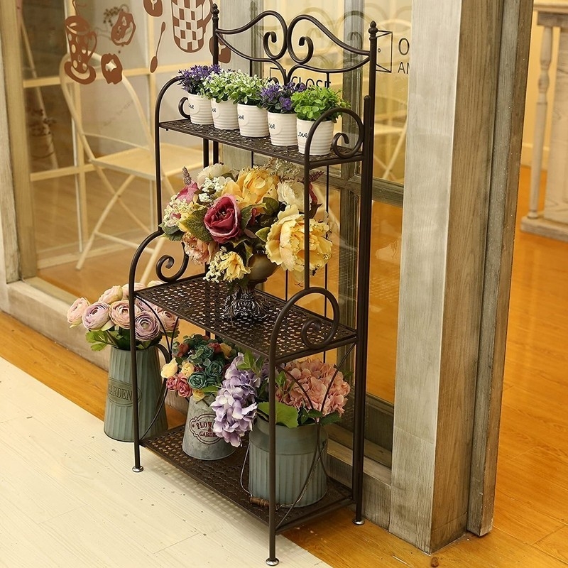 Bakers Rack Dark Bronze Perforated Mesh Shelves Curved Accents
