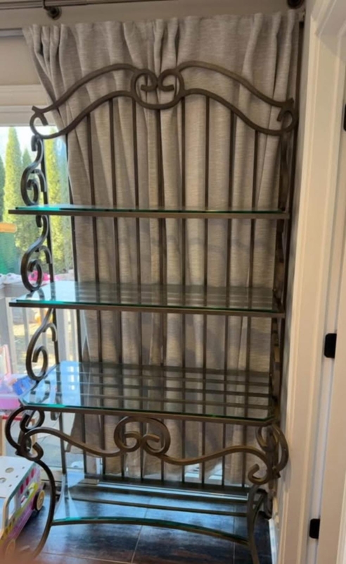 Bakers Rack Dark Bronze Vertical Slats Glass Shelves French Country