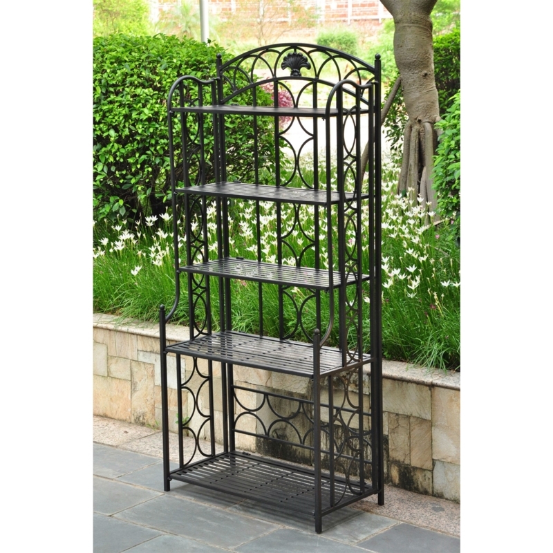 Bakers Rack Five Tier Decorative Shell Motif Matte Black Slatted Metal