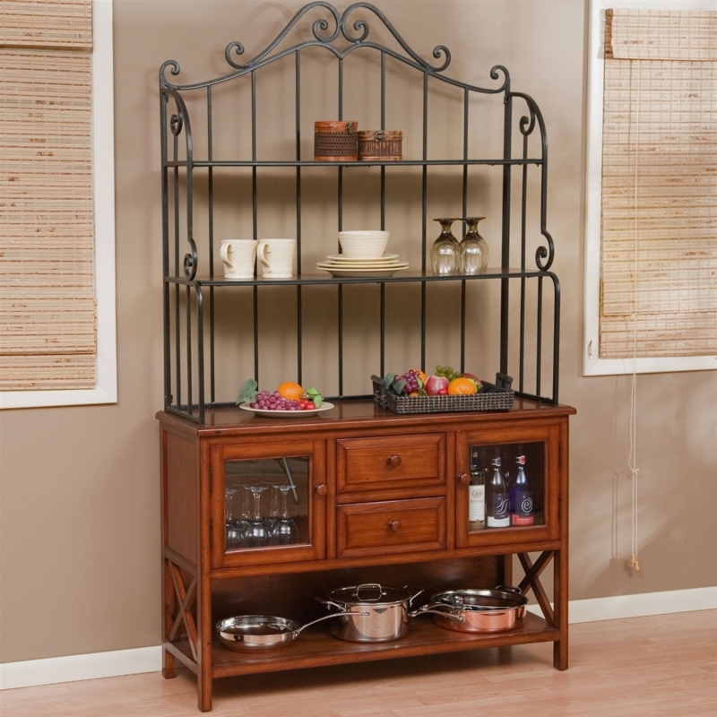 Bakers Rack Heritage Oak Base Glass Door Cabinets Storage Drawers