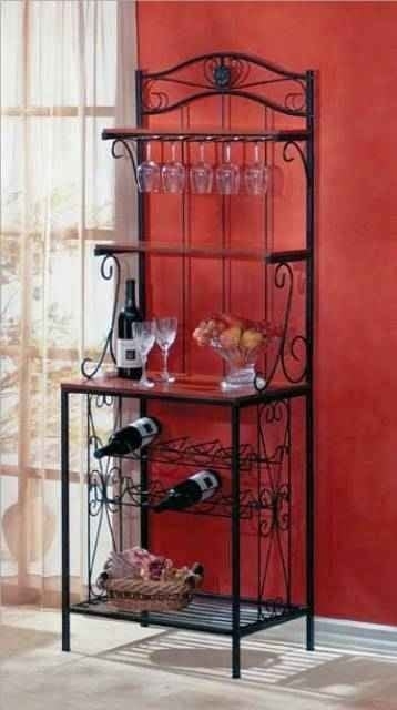 Bakers Rack Integrated Stemware Rack Horizontal Bottle Storage Black