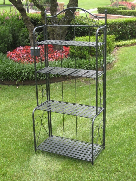Bakers Rack Lattice-Weave Metal Shelves Folding Design Antique Black