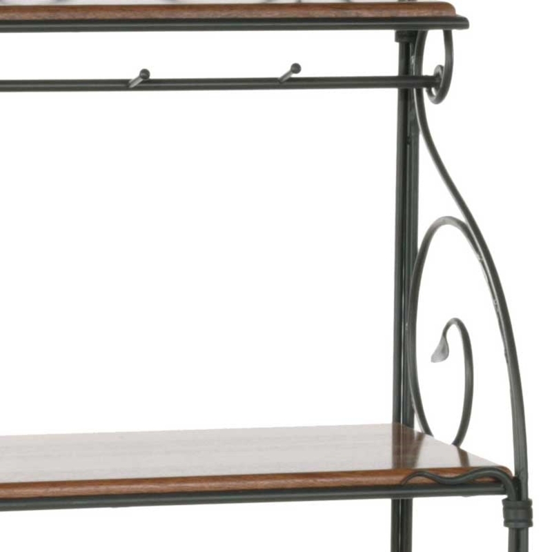 Bakers Rack Leaf Motif Hanging Hooks Scrollwork Details Walnut Brown