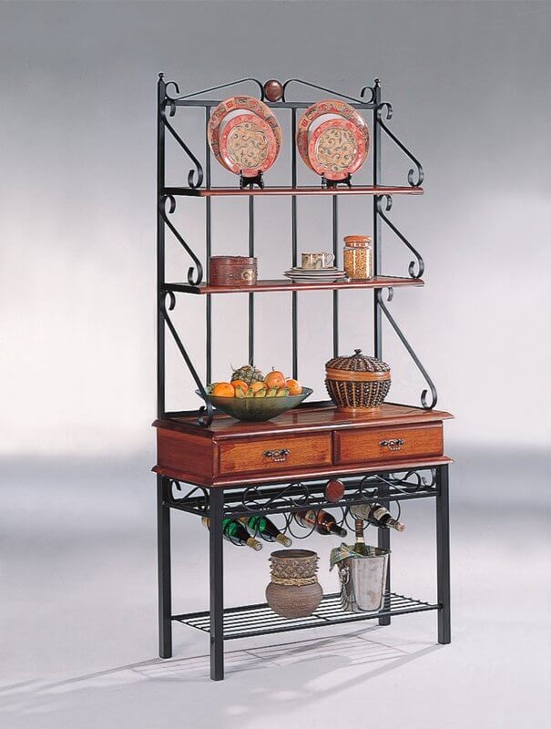 Bakers Rack Matte Black Metal Cherry Brown Wood Drawers Wine Rack