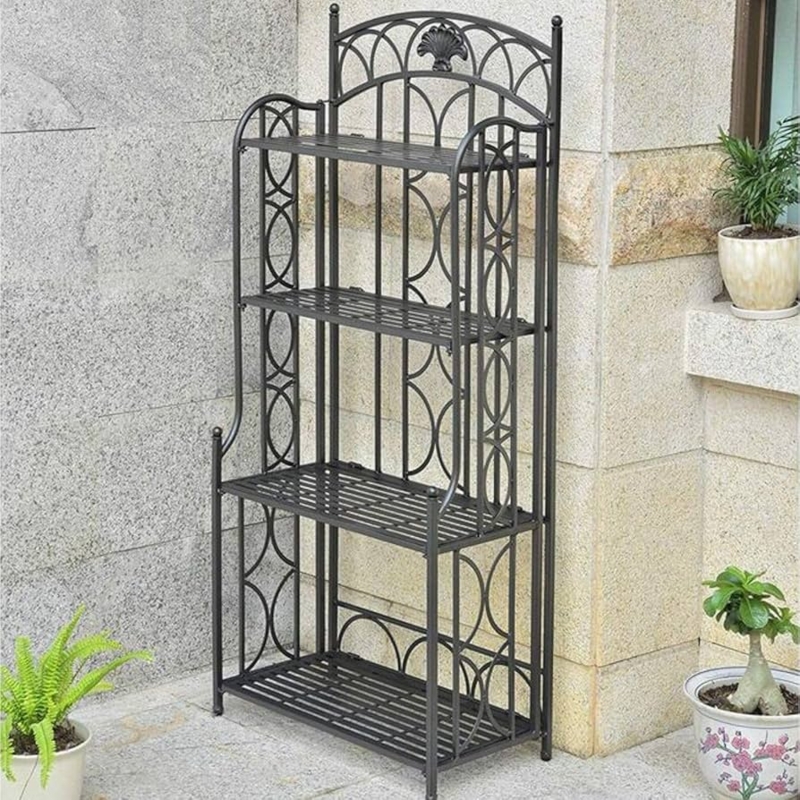 Bakers Rack Matte Black Shell Motif Scrollwork Sides Slatted Shelves