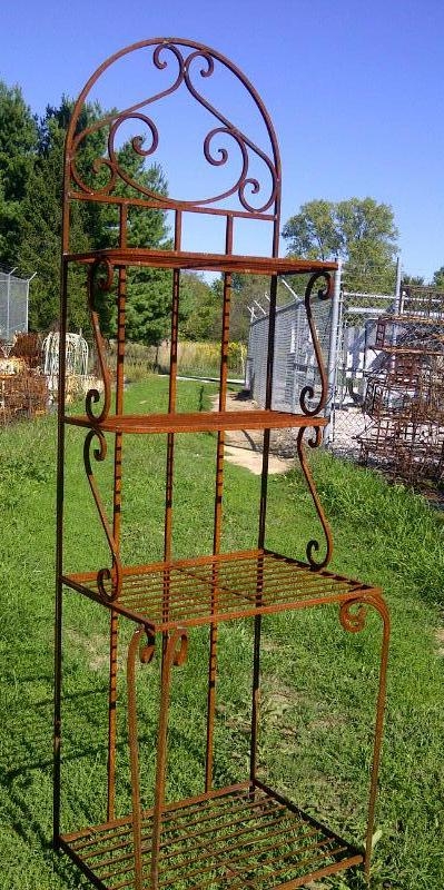 Bakers Rack Rusted Finish Narrow Frame Ornate Scrollwork Four Tier