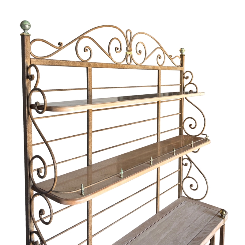 Bakers Rack Scrollwork Crest Brass Finials Stone Like Base Bronze