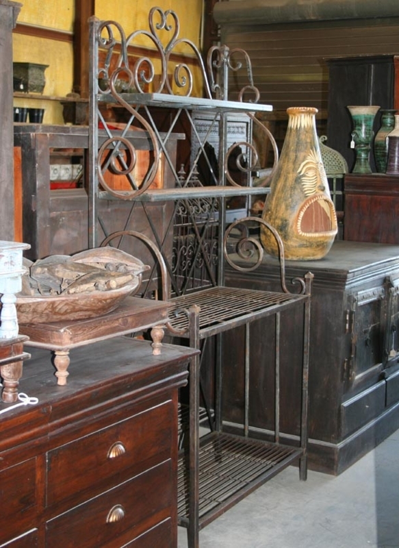 Bakers Rack Scrollwork Frame Slatted Shelves Four Tier Charcoal Grey
