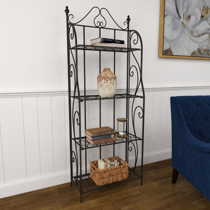 Bakers Rack Tall Folding Design Wire Mesh Shelves Black Metal