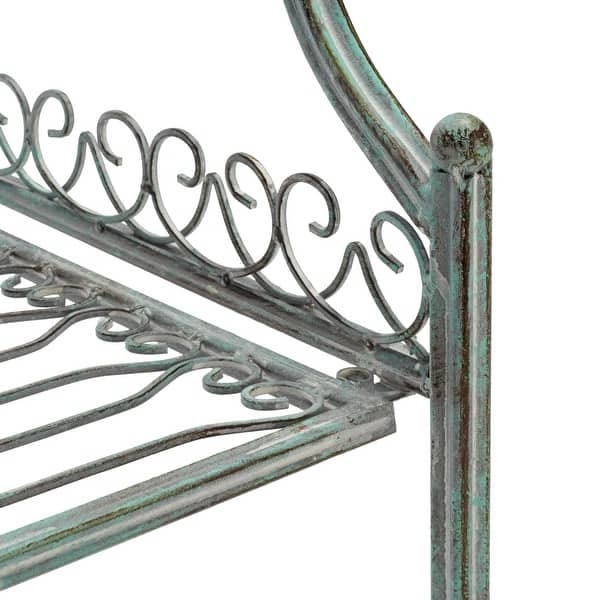 Bakers Rack Verdigris Patina Antique White Scrollwork Ball Finial
