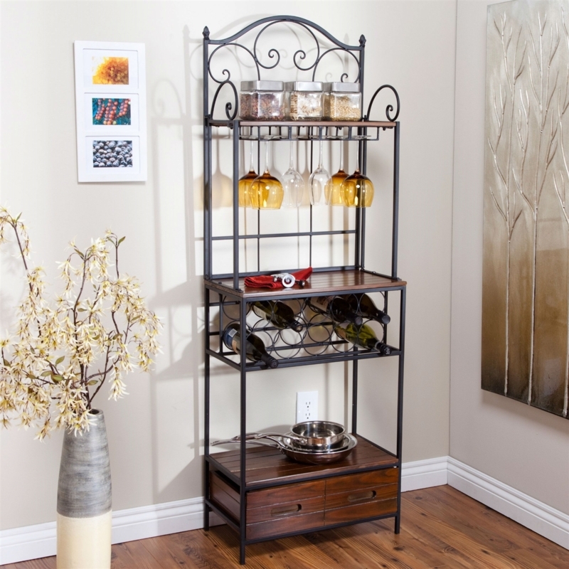 Bakers Rack Wine Bottle Storage Hanging Stemware Slots Drawers
