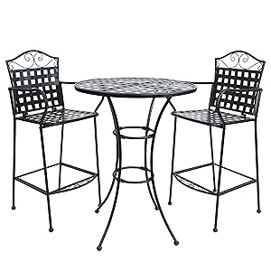Bar Bistro Set Wrought Iron Scrolling Back Lattice Pattern Black
