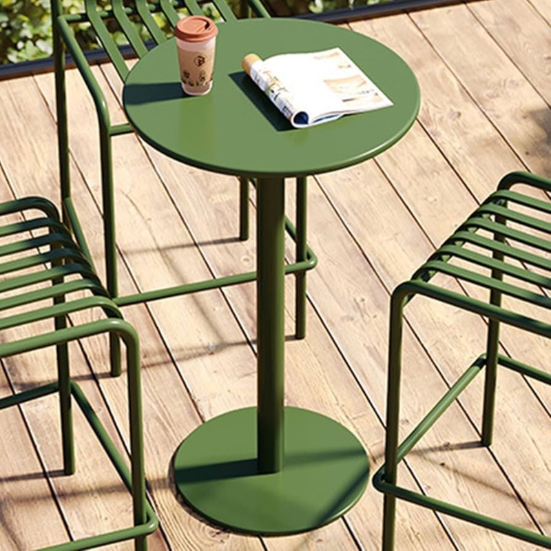 Bar Height Table Set Olive Green Slatted Metal Circular Pedestal