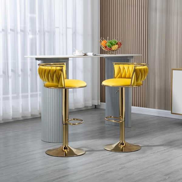 Bar Stool Adjustable Gold Pedestal Pleated Velvet Modern Glam