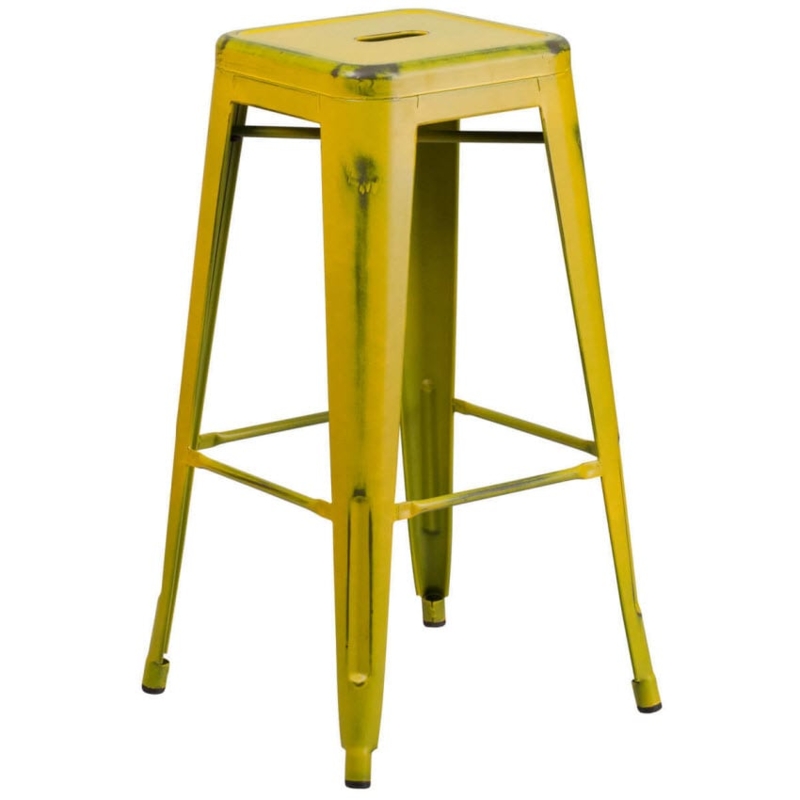 Bar Stool Backless Distressed Yellow Metal Industrial Bistro