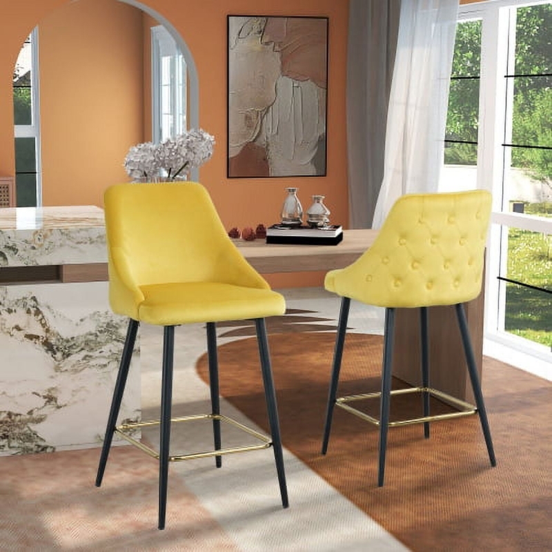 Bar Stool Diamond Tufted Velvet Gold Footrest Modern Luxury Seating