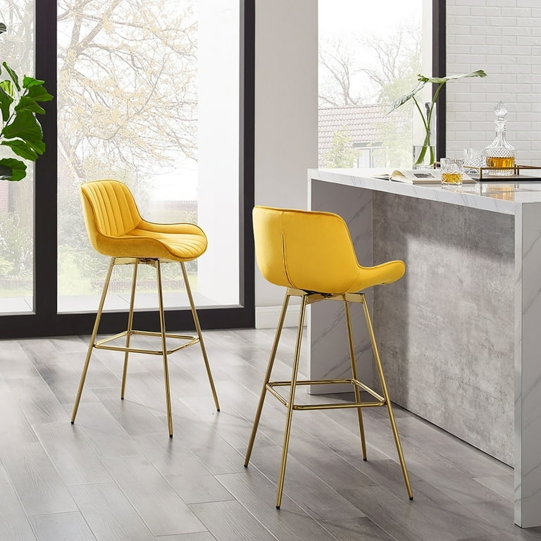 Bar Stool Glam Swivel Velvet Vertical Tufting Gold Splayed Legs