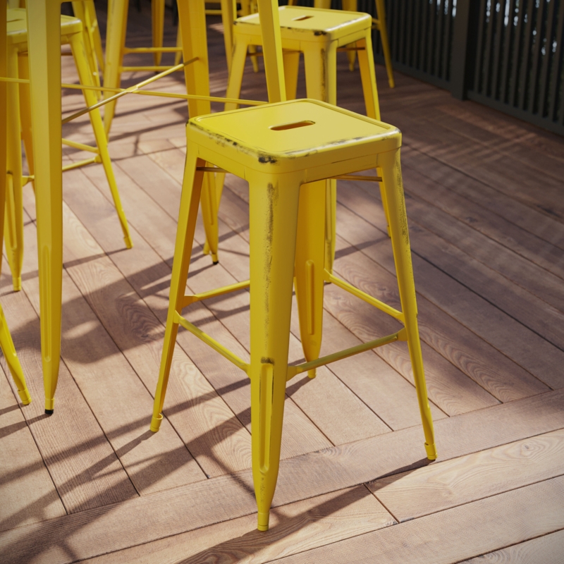 Bar Stool Lemon Yellow Distressed Metal Backless Outdoor Patio