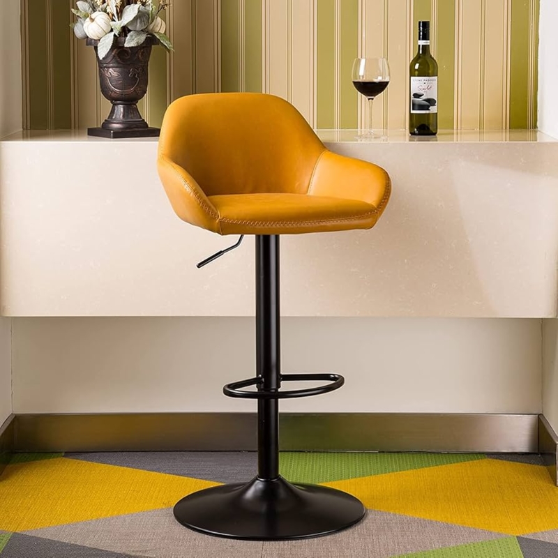 Bar Stool Mustard Faux Leather Black Pedestal Perimeter Stitching