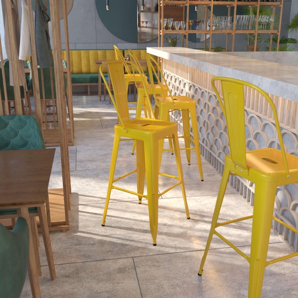 Bar Stool Mustard Metal Vertical Slat Back Industrial Bistro