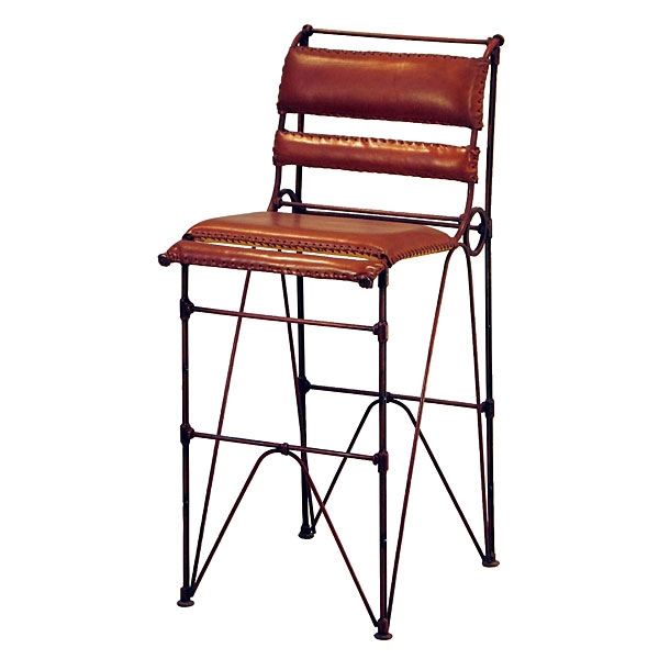 Bar Stool with Whipstitch Detail and Arched Iron Bracing