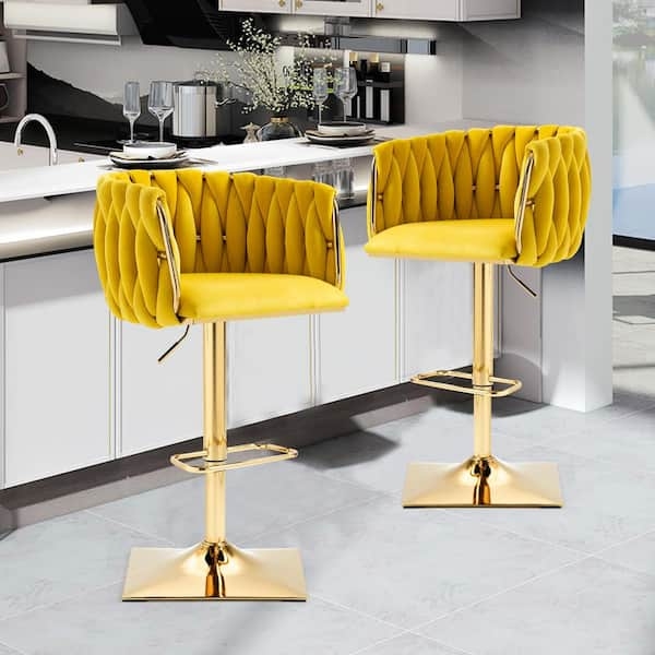 Bar Stool Woven Velvet Square Gold Base Adjustable Glam Seating