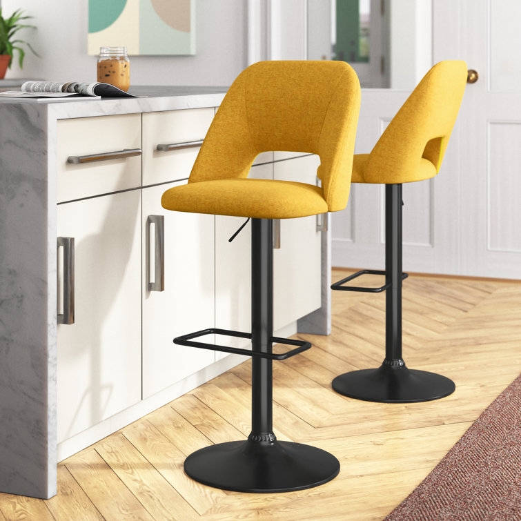 Bar Stool Yellow Fabric Cutout Back Adjustable Swivel Pedestal