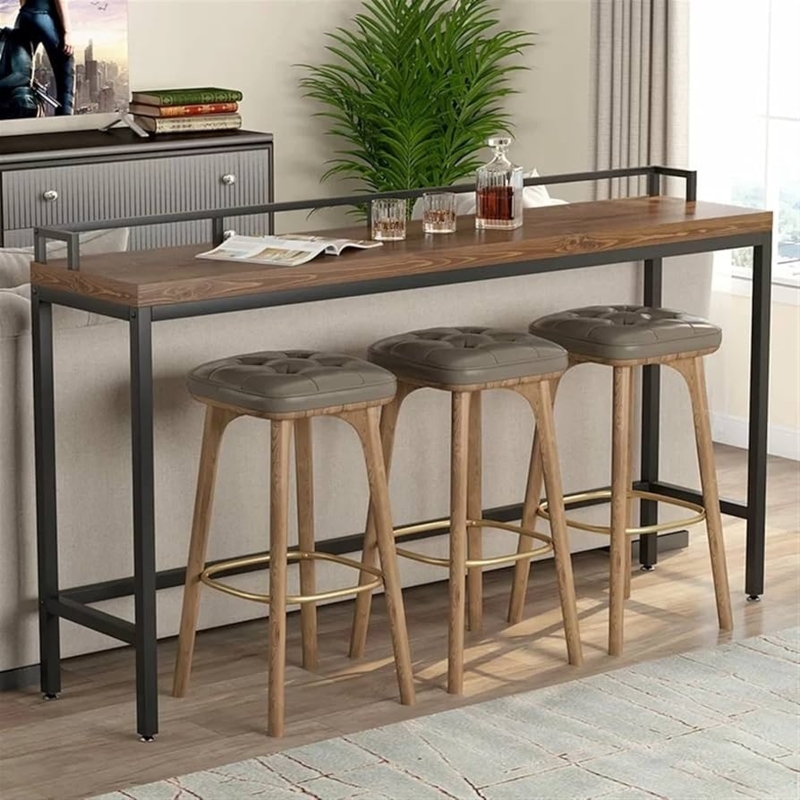 Bar Table Narrow Profile Back Guardrail Wood Toned Industrial Sofa