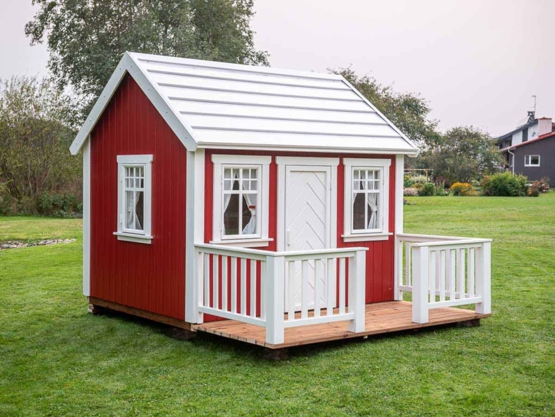 Barn Red Playhouse with Chevron Pattern Door and Deck