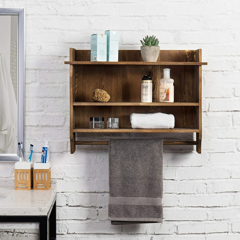 Bathroom Wall Shelf Integrated Towel Bar Three Tier Walnut Finish