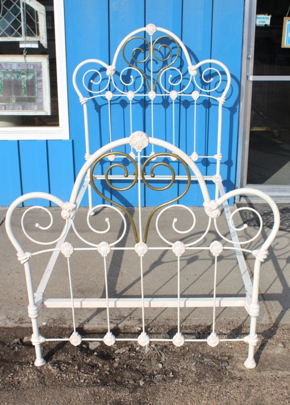 Bed Frame Antique White Cast Iron Brass Scroll Accents Victorian
